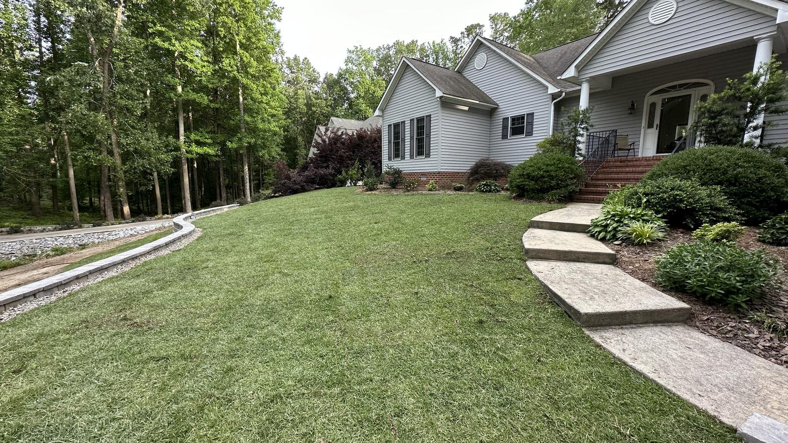 Finished lawn and curved paver walkway at a home in late afternoon light