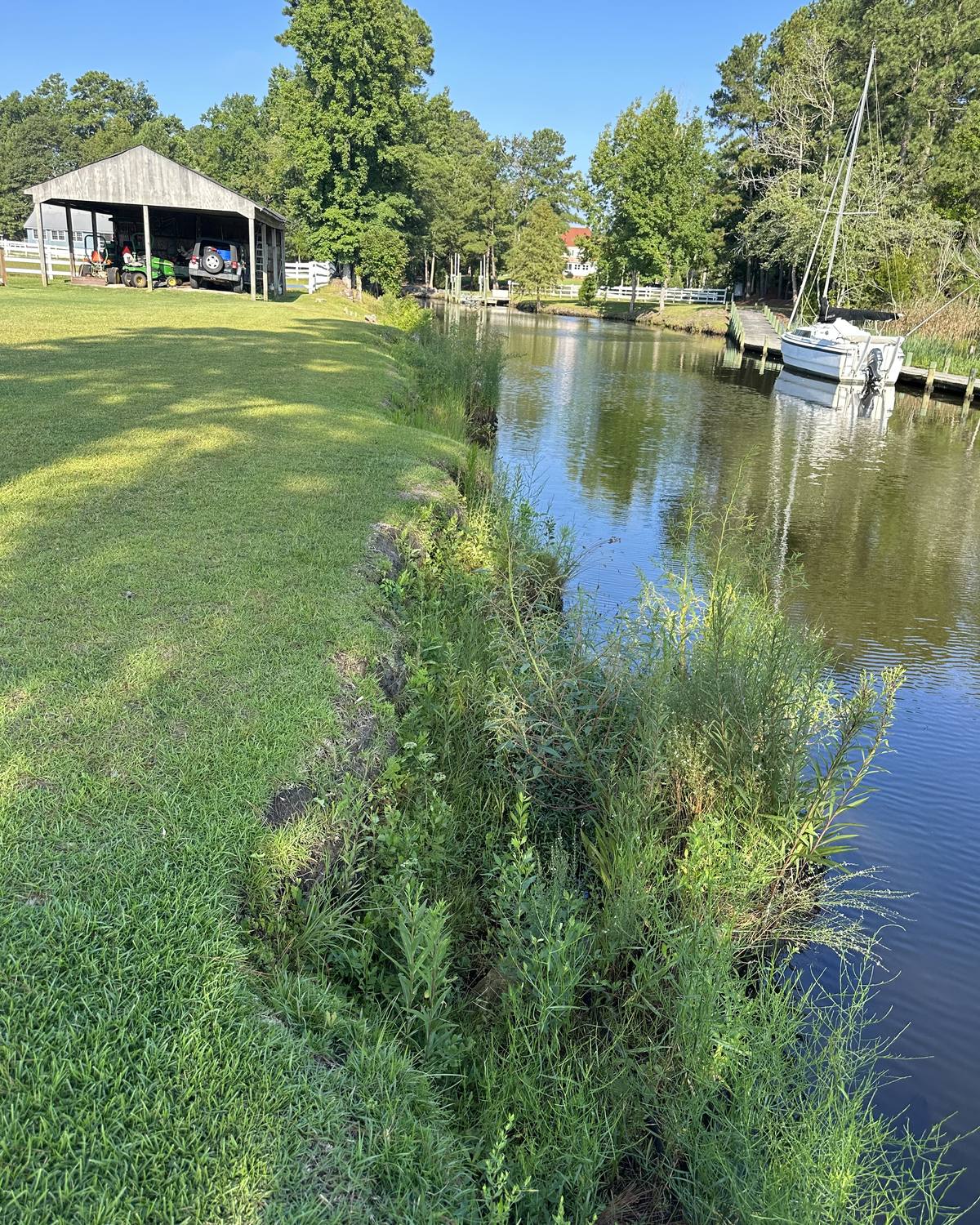 Canal bank before work: eroding edge overgrown with weeds along the water